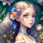 Digital illustration: Young girl with big blue eyes, floral hair decorations, surrounded by vibrant greenery.