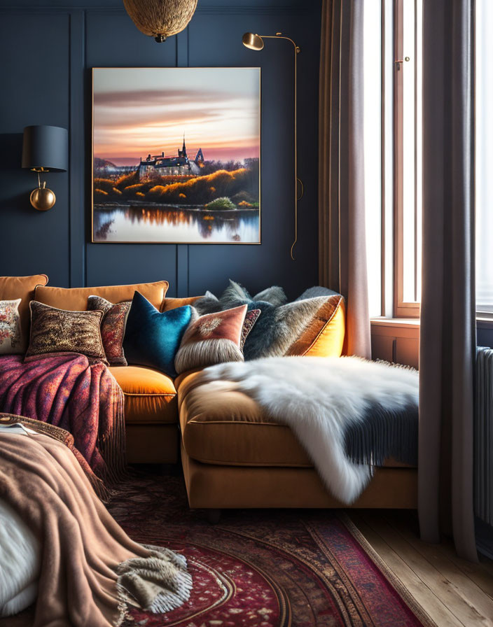 Inviting living room with leather sofa, landscape painting, drapes, and warm lighting