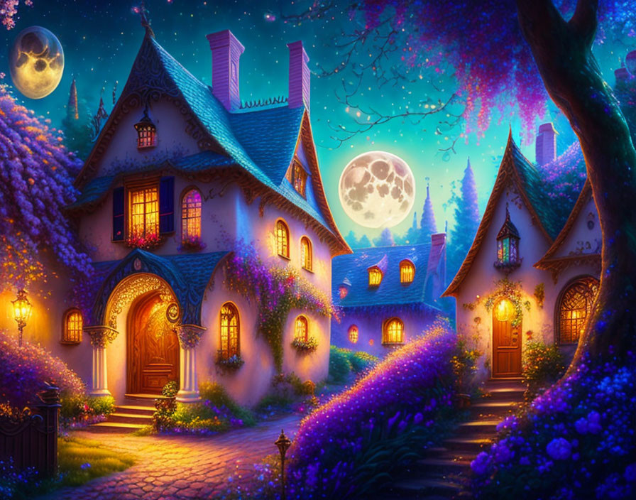 Enchanted evening scene: storybook cottage, purple flowers, glowing windows, full moon, star