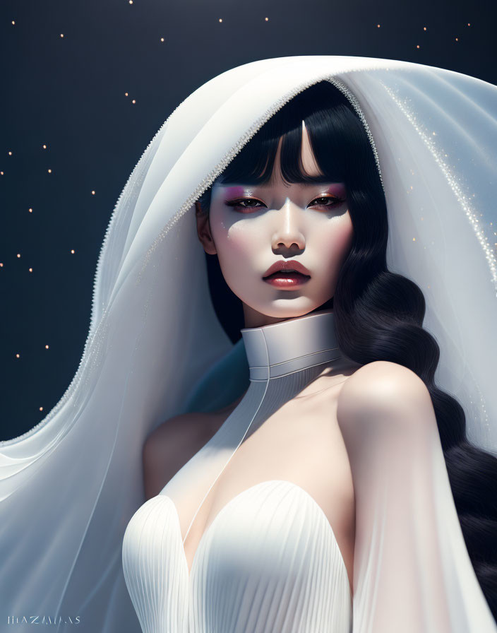 Stylized portrait of woman with long hair and futuristic choker in front of starry backdrop