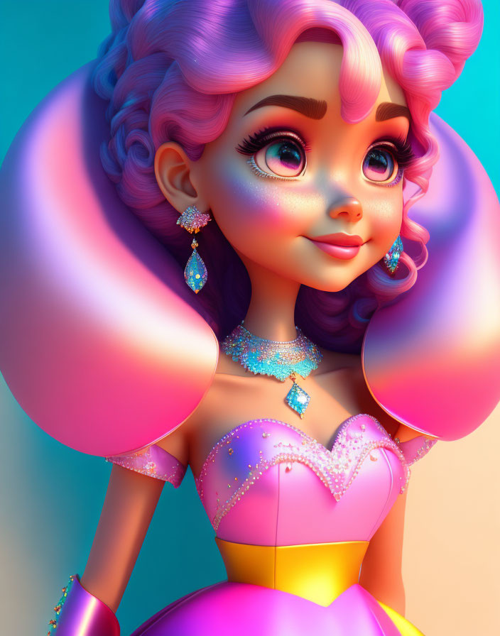 Detailed 3D illustration of girl with pink curly hair and heart-shaped dress