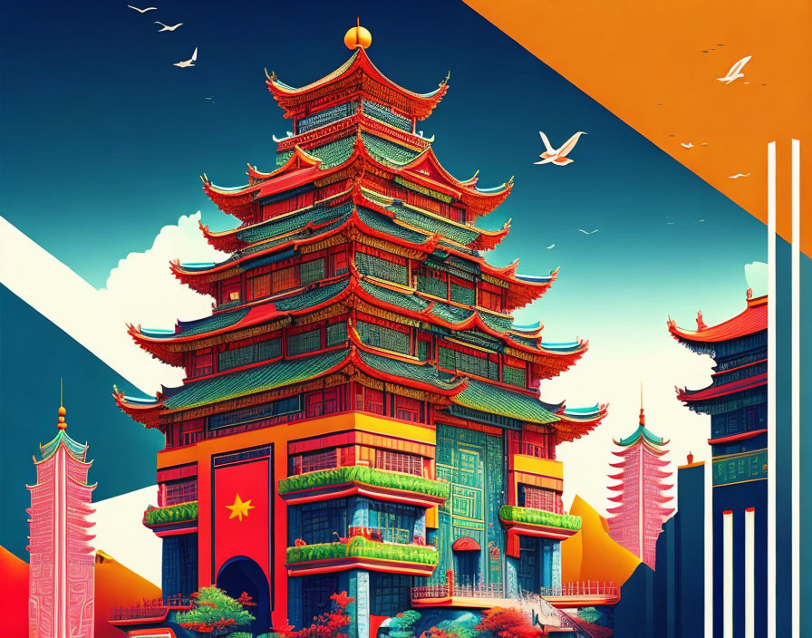 Colorful Chinese pagoda illustration with split sky and seagulls