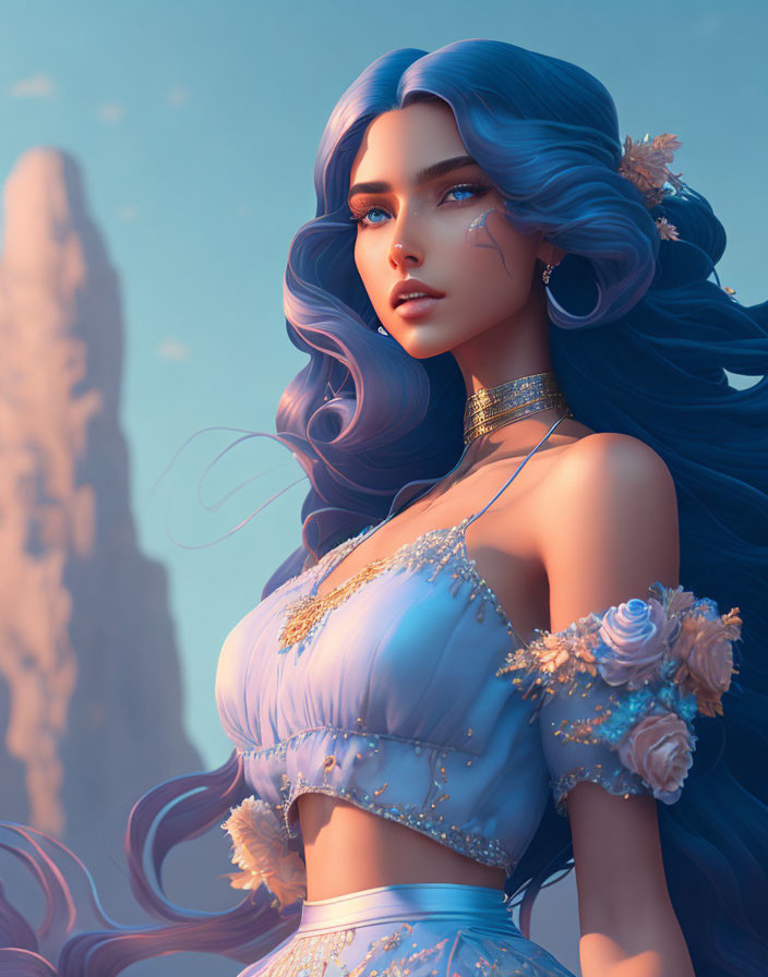 3D illustration of a woman with flowing blue hair and outfit adorned with gold accents and roses against blue