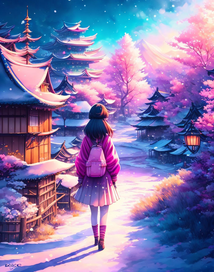 Girl in Pink Jacket Walks Snow-Covered Village