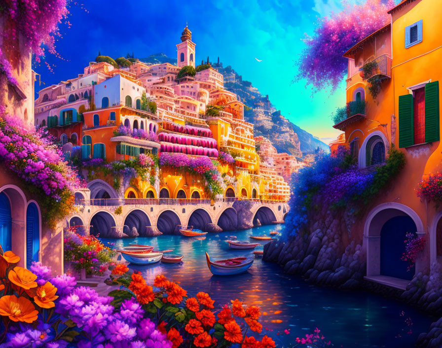 Colorful Coastal Scene with Buildings, Arched Bridges, Boats, and Blue Sky