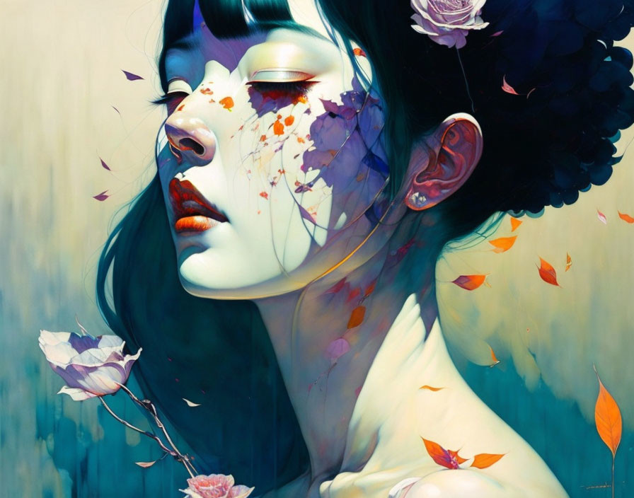 Woman with closed eyes surrounded by falling petals in vivid style