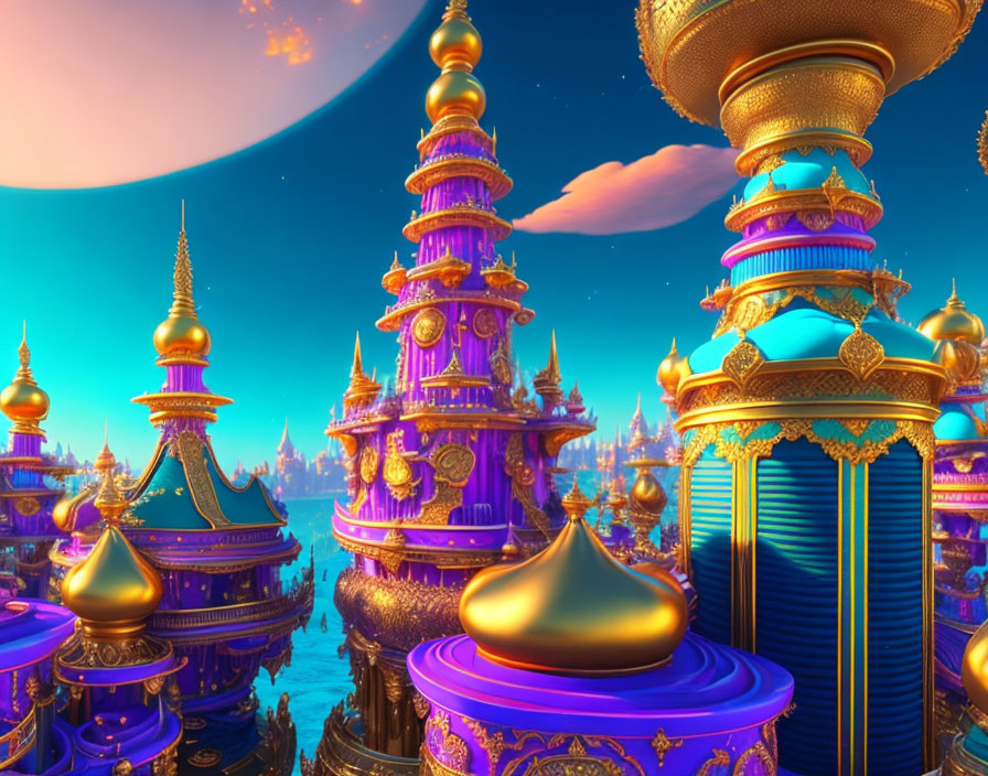 Fantastical cityscape with golden-domed towers under twilight sky