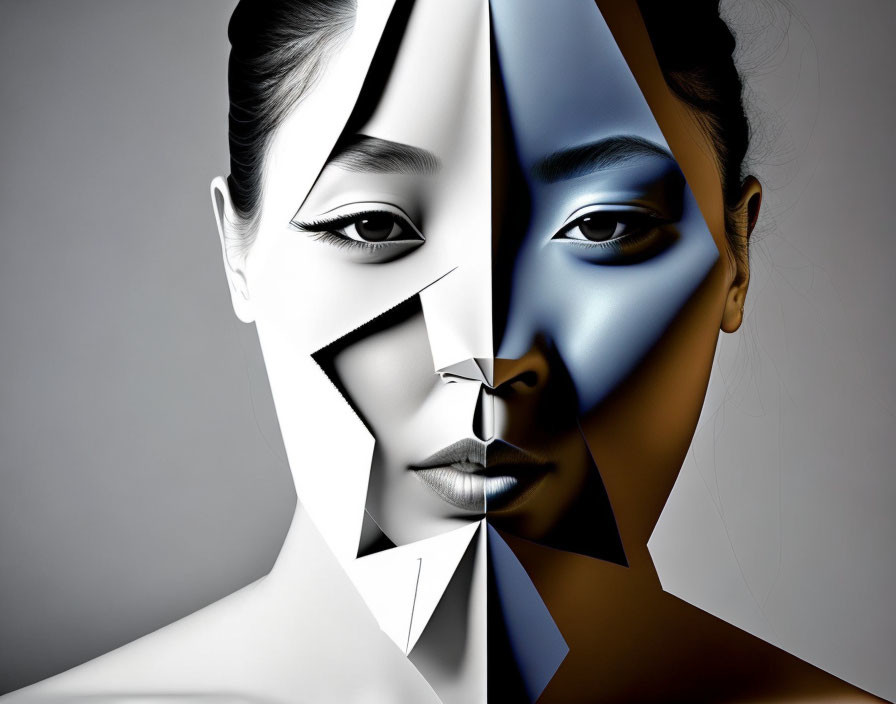 Face split in half: grayscale and bronze tones contrast