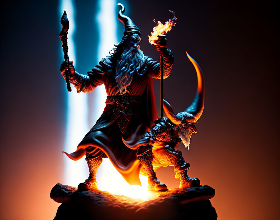 Wizard with Glowing Staff and Flaming Sword on Rock in Fiery Setting