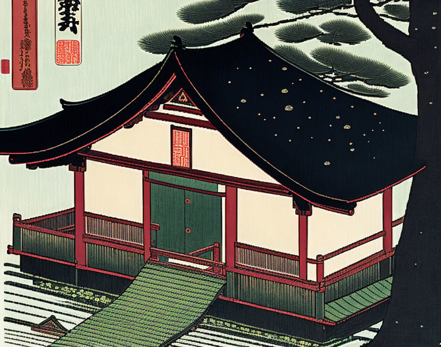 Japanese-style Pavilion Nestled Under Pine Tree in Ukiyo-e Print