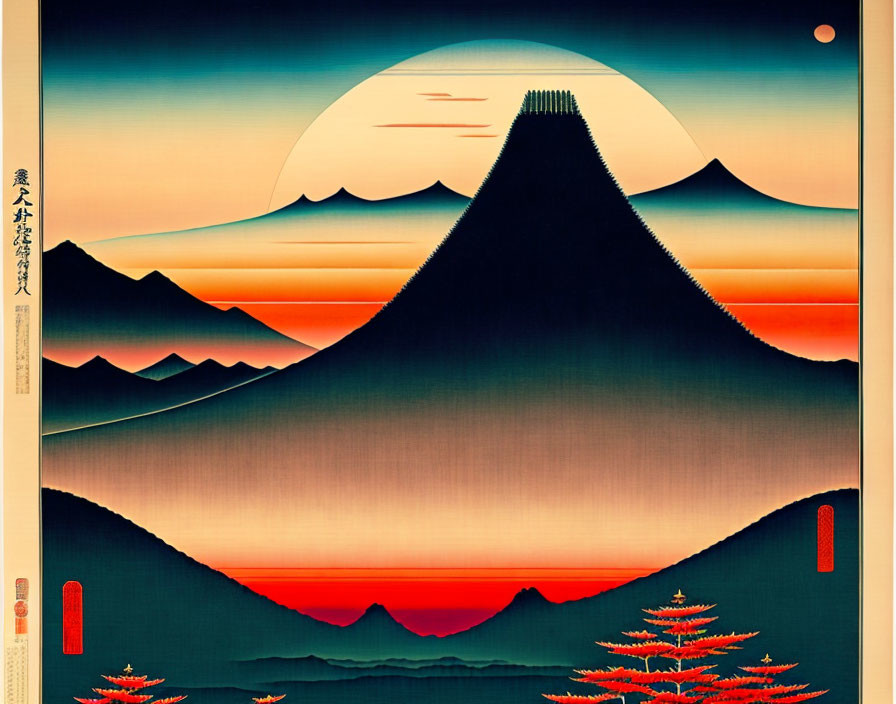 Vibrant Mount Fuji sunset illustration with pine tree silhouettes