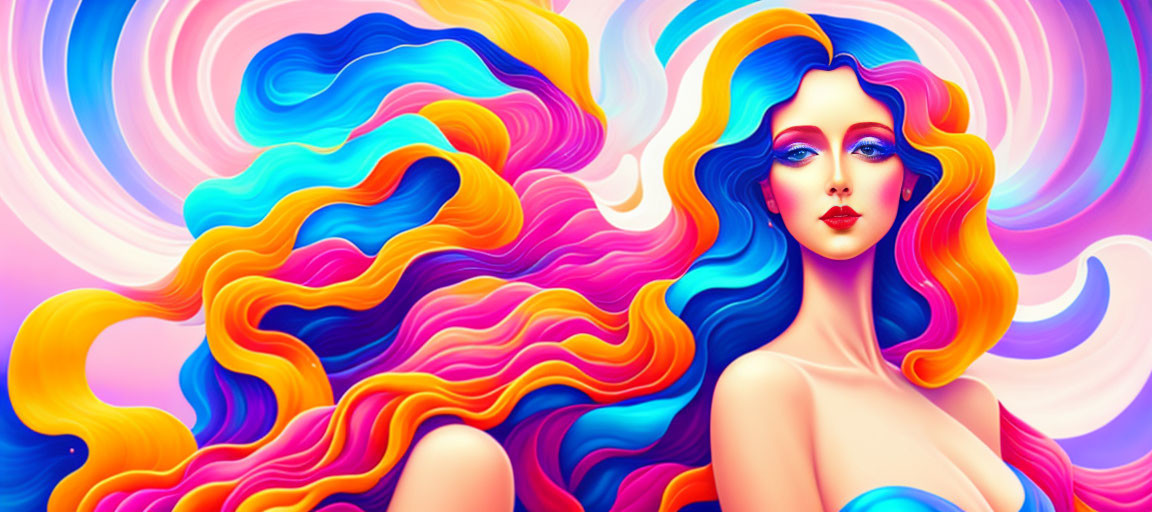 Colorful Hair Woman Illustration on Swirled Pastel Background