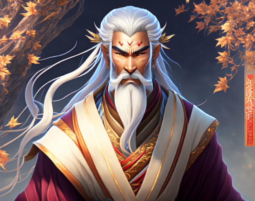 Elderly man with long white hair and beard in white robe among autumn leaves