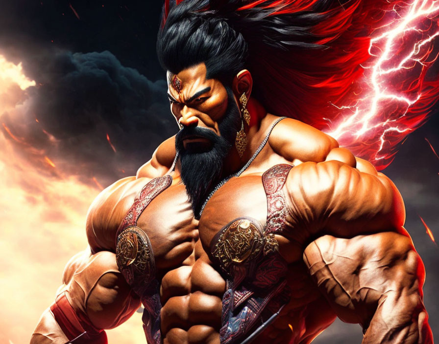 Muscular, Bearded Character with Lightning Outline on Red Background