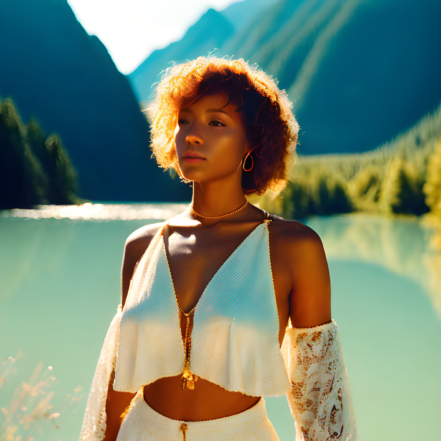 Curly-haired woman in white outfit by serene lake and mountains