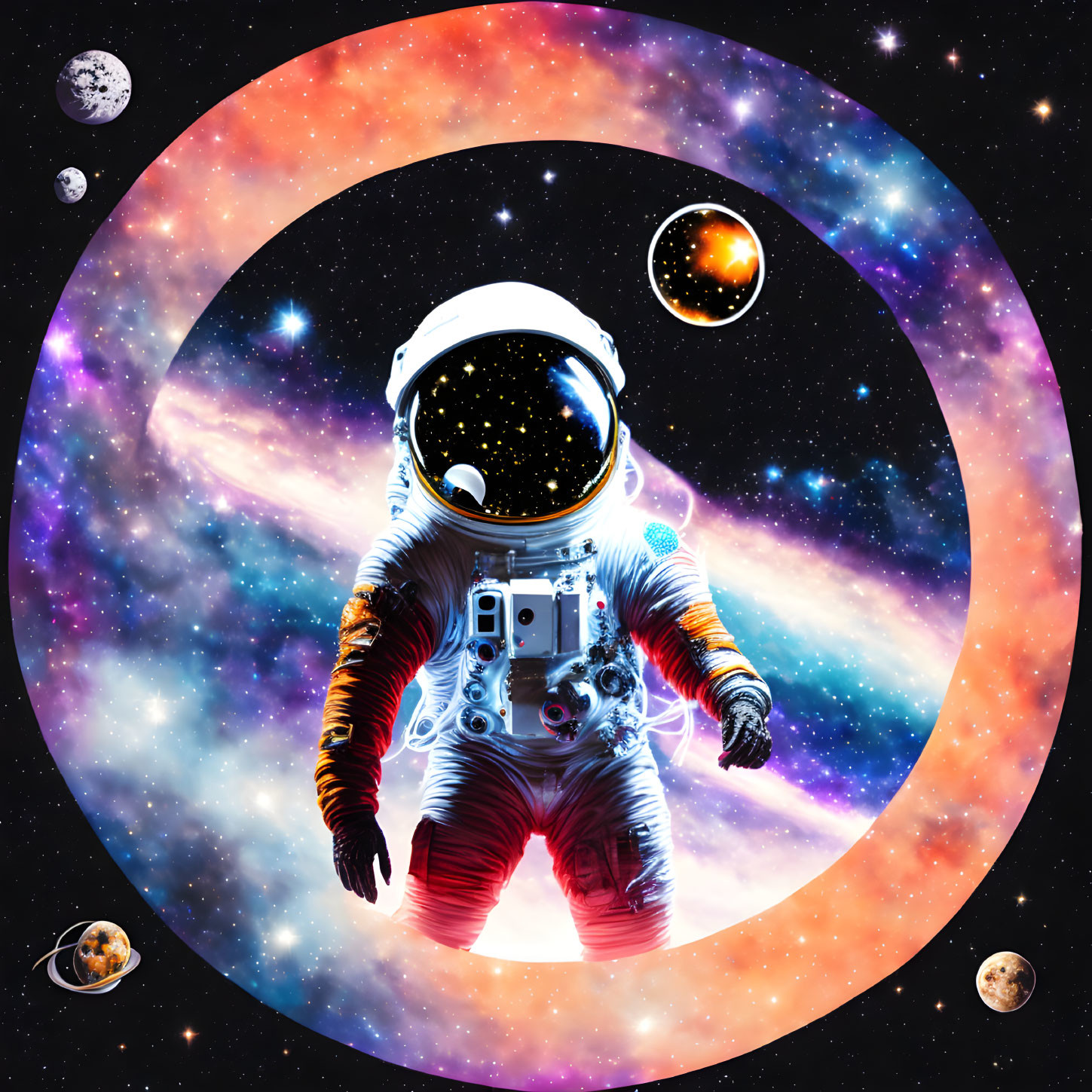 Astronaut floating in colorful space nebula with planets and moons