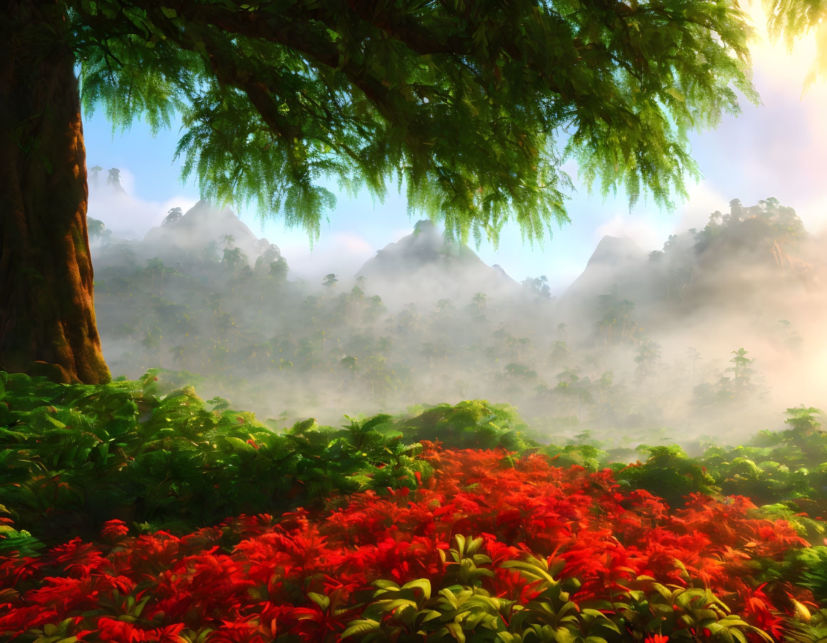 Vibrant red flora in lush forest with misty mountains and sunlight