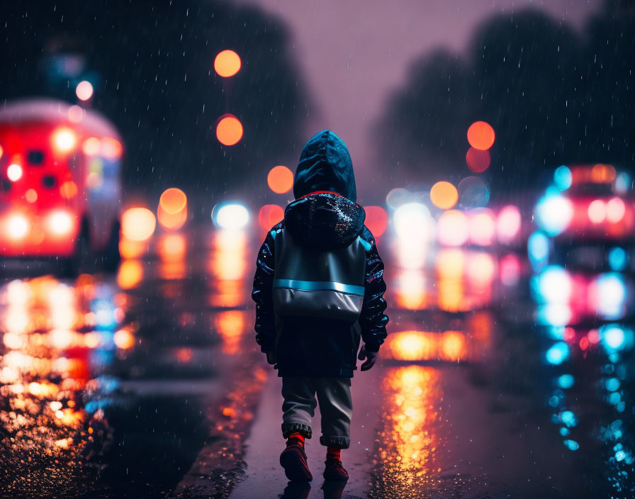 Child in Reflective Backpack Stands on Wet City Street at Night