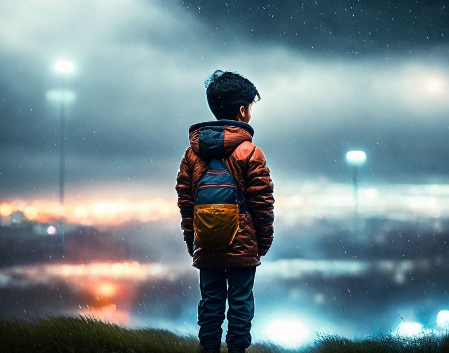 Child in warm jacket and yellow backpack gazes at city lights on snowy night.