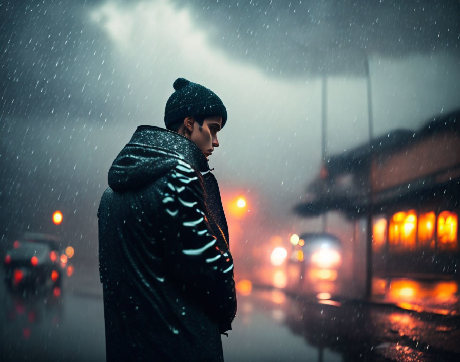 Profile of person in beanie and jacket on rainy city street at night