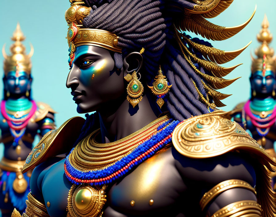 Detailed blue-skinned figure with multiple heads and arms, adorned with golden jewelry and crown