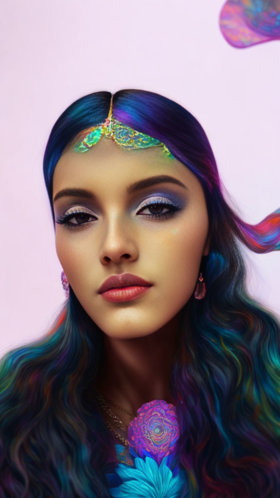 Colorful Woman with Rainbow Hair and Purple Makeup on Pink Background