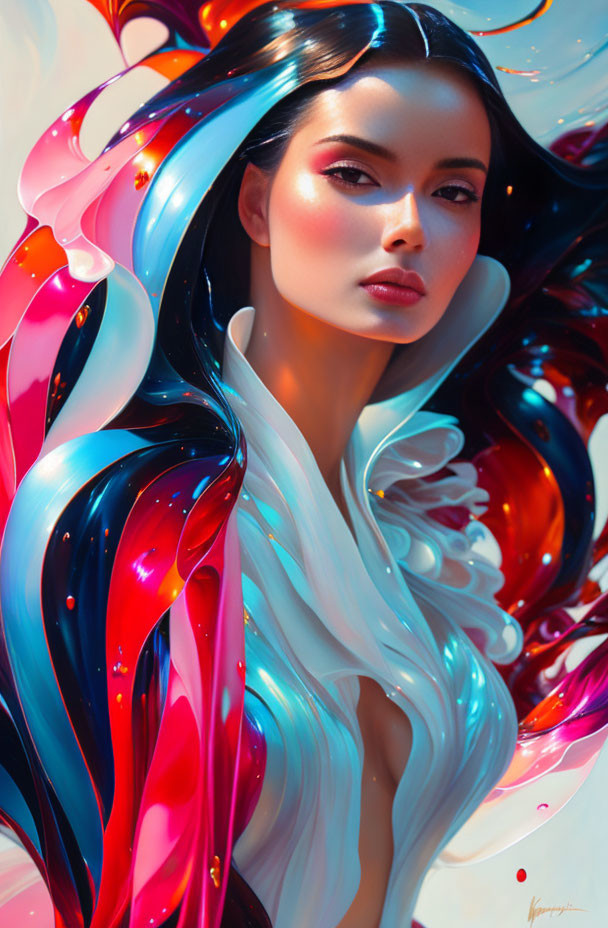 Vibrant digital artwork of a woman with flowing hair in blue, white, and red