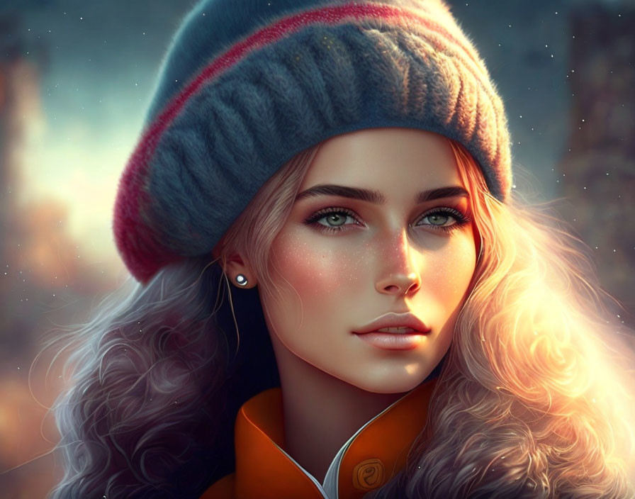 Portrait of woman with blue eyes, beanie, yellow coat, and blonde hair