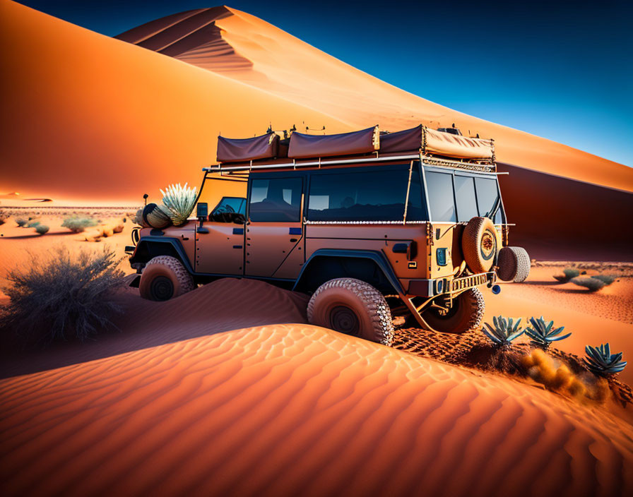 Off-road vehicle with roof tent in desert landscape with dunes and clear sky