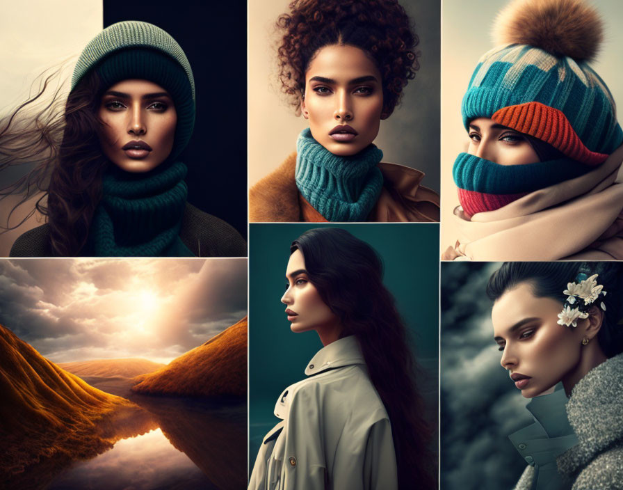 Stylish women in winter attire with serene sunset lake landscape