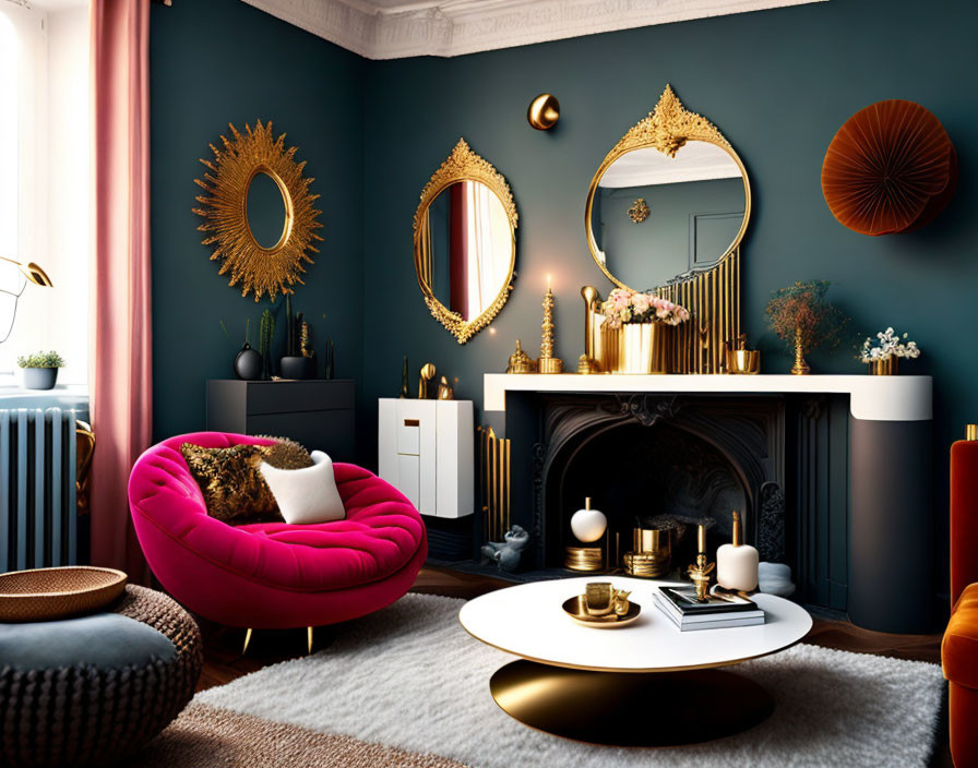 Luxurious Teal and Gold Room with Pink Sofa and Fireplace