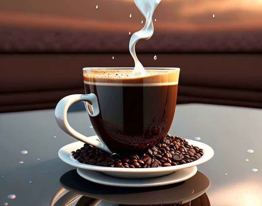 Coffee cup on beans with cream splash against warm background