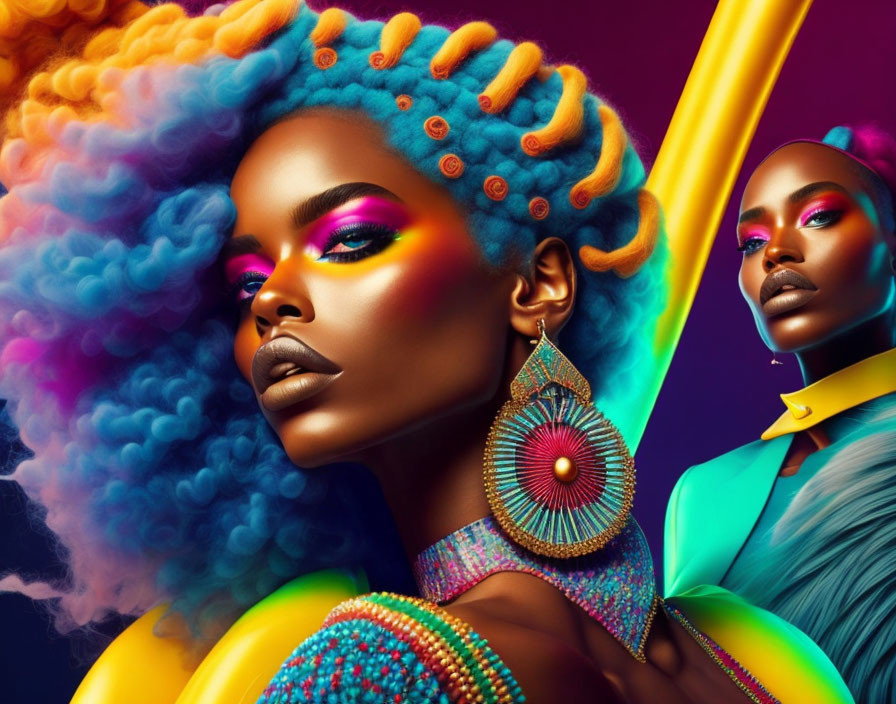 Vibrant portrait of two women with colorful makeup and hair on gradient backdrop