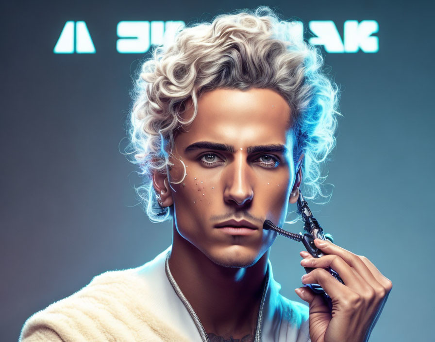 Curly-Haired Man Using Electric Shaver with Neon Lights