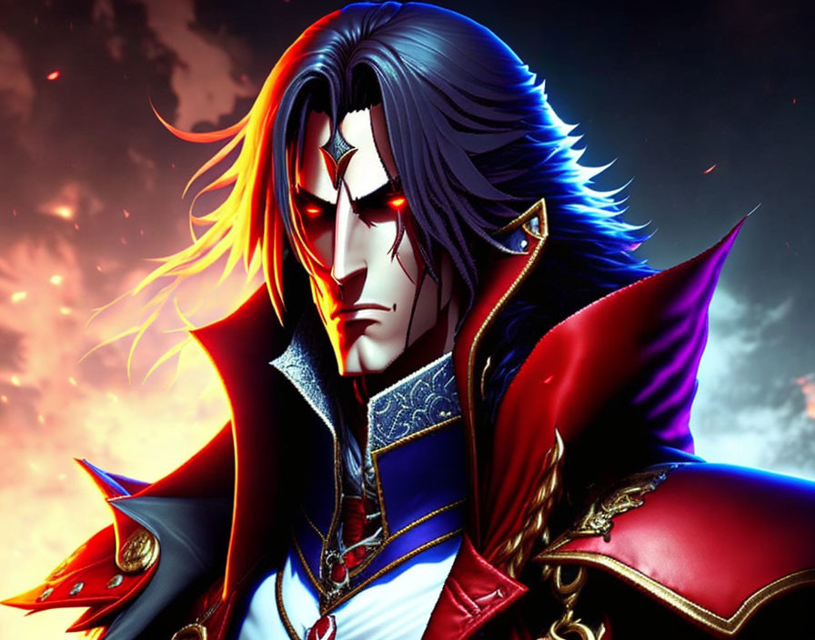 Dark-haired animated character in red and blue cape with fiery backdrop.