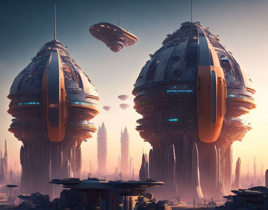 Futuristic cityscape with egg-shaped buildings and flying saucers