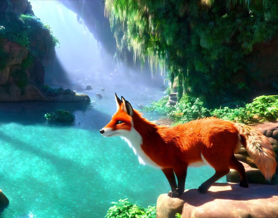 Red Fox by Turquoise River in Sunlit Forest with Waterfalls
