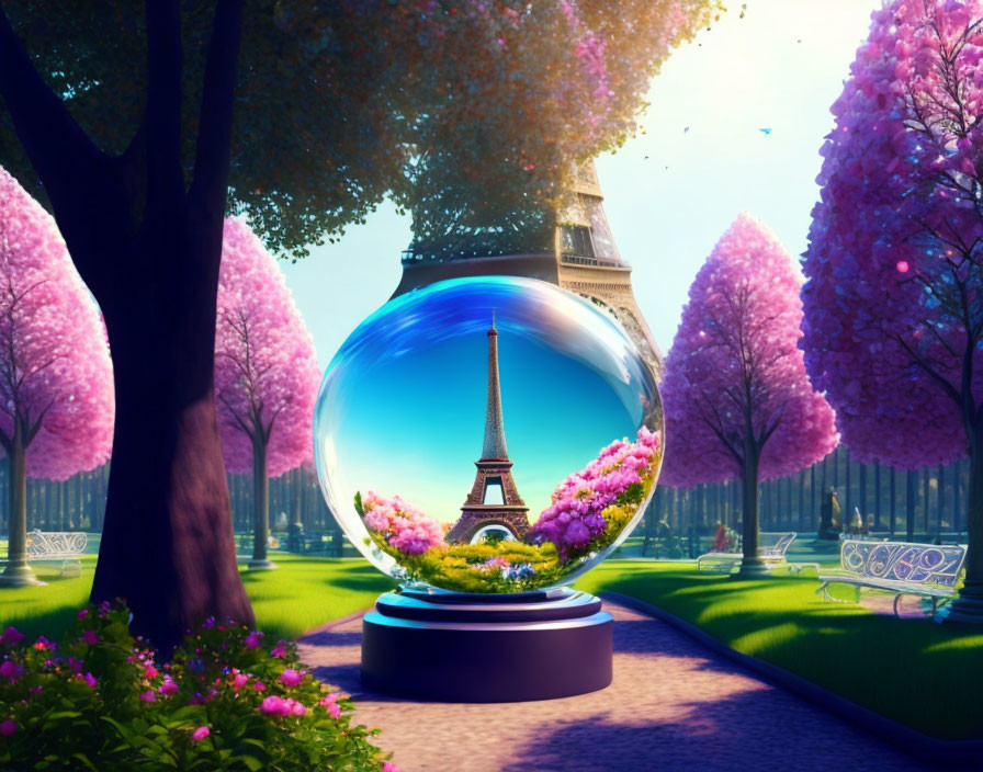 Crystal globe with Eiffel Tower and pink blossoms in vibrant park setting