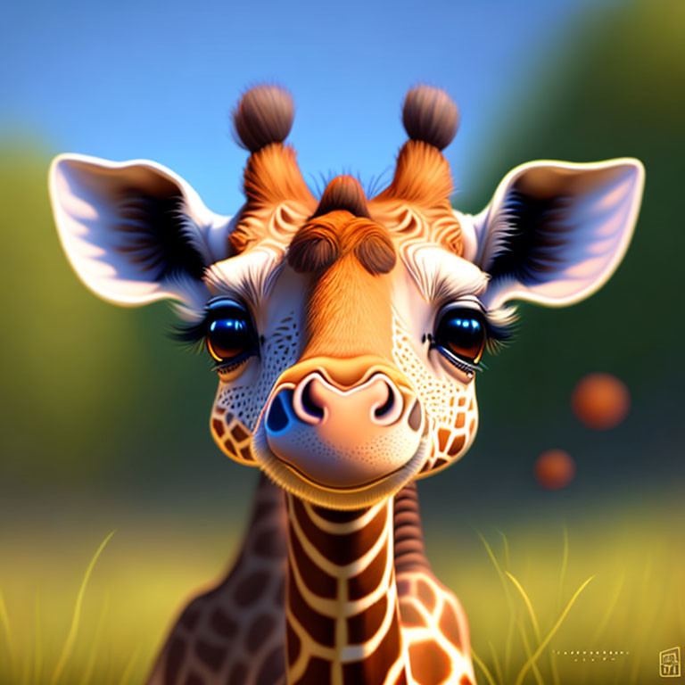 Whimsical digital illustration of a smiling giraffe with expressive eyes