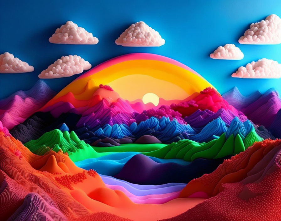 Colorful Layered Mountains with Rainbow Sun and Clouds in Surreal Landscape