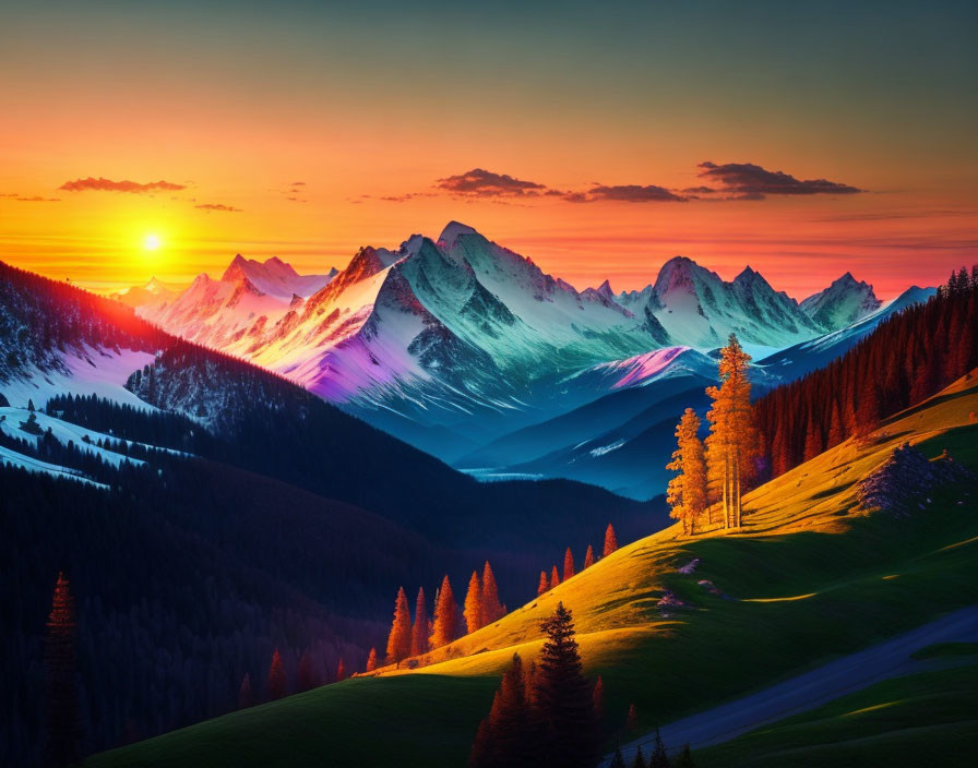 Vibrant sunset over snow-capped mountains and forested hillside