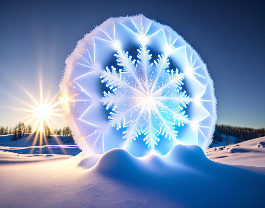 Translucent glowing snowflake on snowy landscape with low sun