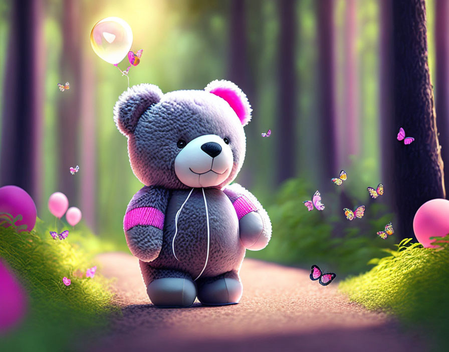 Pink-Accented Teddy Bear Surrounded by Butterflies and Pink Balloons