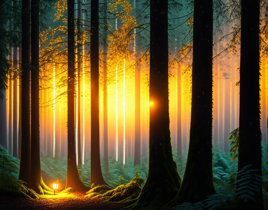 Sunset rays through dense forest with glowing lantern