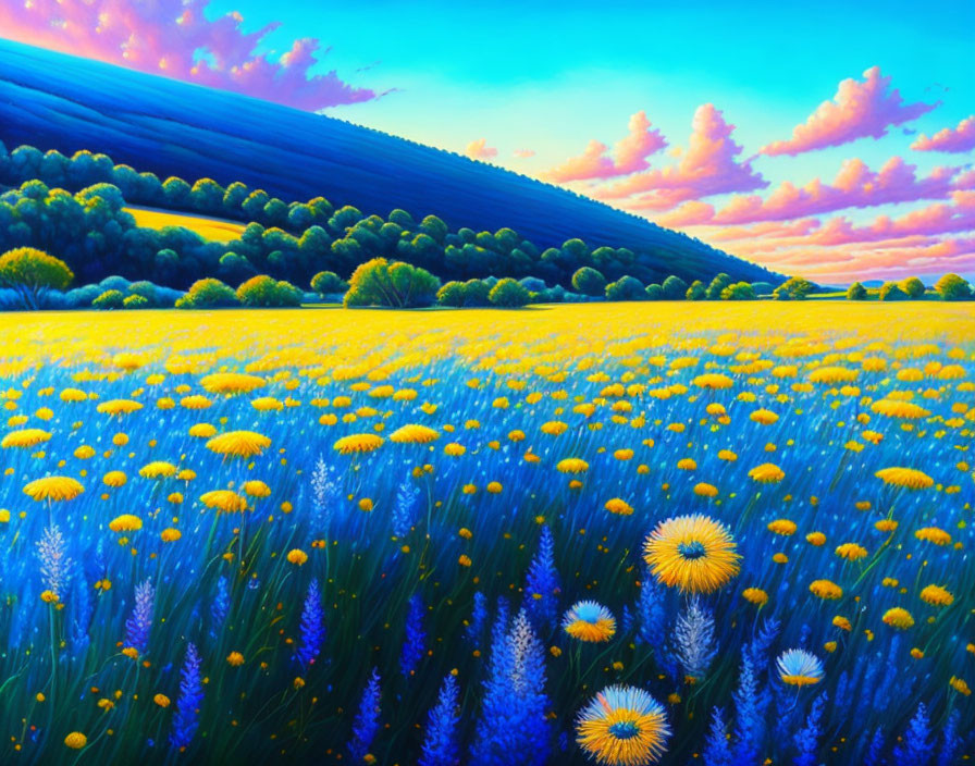 Colorful painting of yellow dandelion field under blue sky