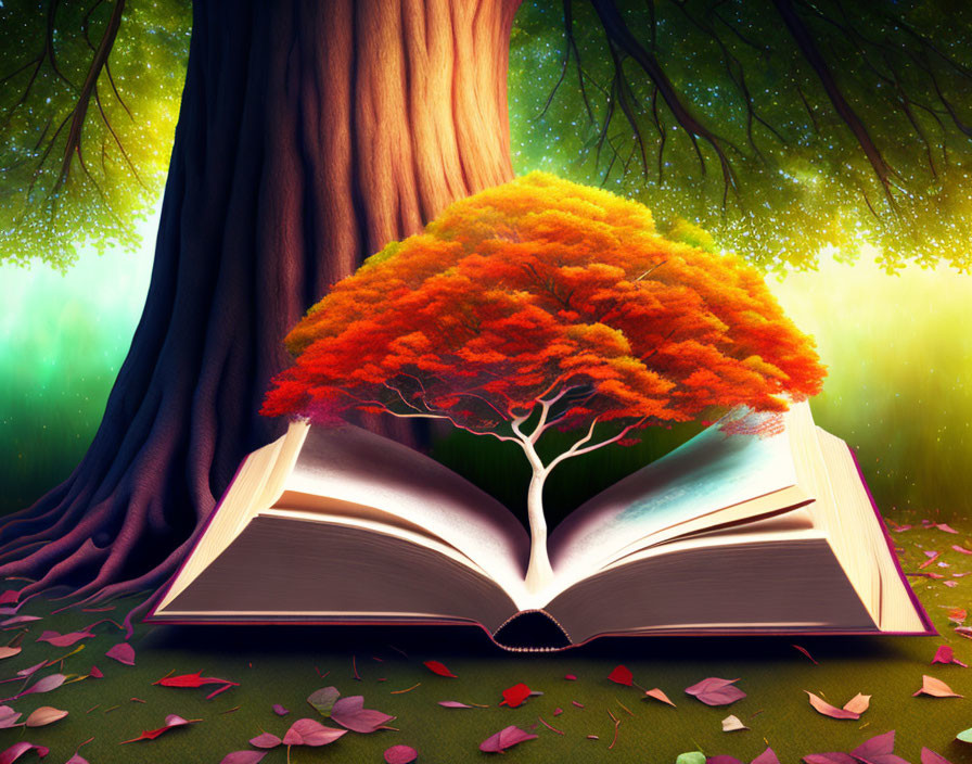 Open book displaying vibrant orange tree in whimsical forest landscape