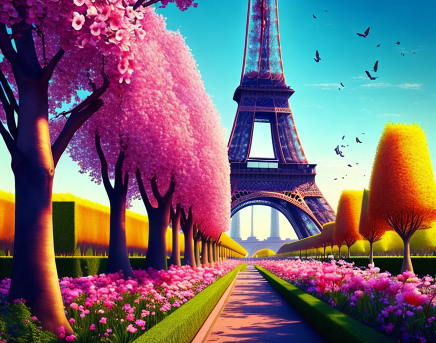 Colorful Eiffel Tower in Park with Cherry Blossoms