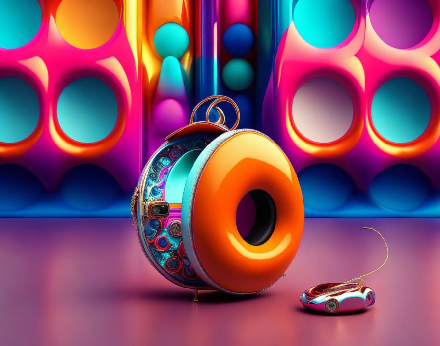 Colorful 3D illustration of futuristic circular object with intricate patterns on vibrant background, paired with sleek