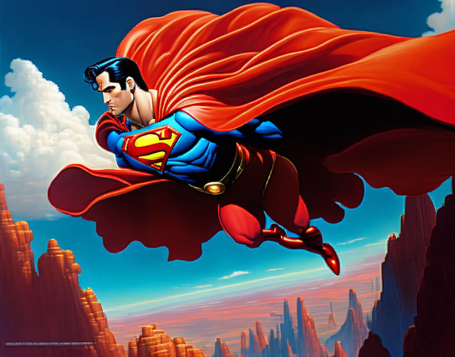 Superman flying over skyscrapers with red cape in blue sky