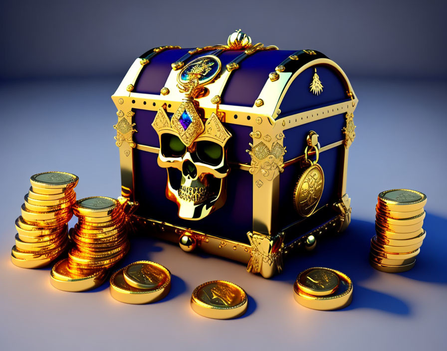 Golden treasure chest with skull emblem and gold coins on blue surface